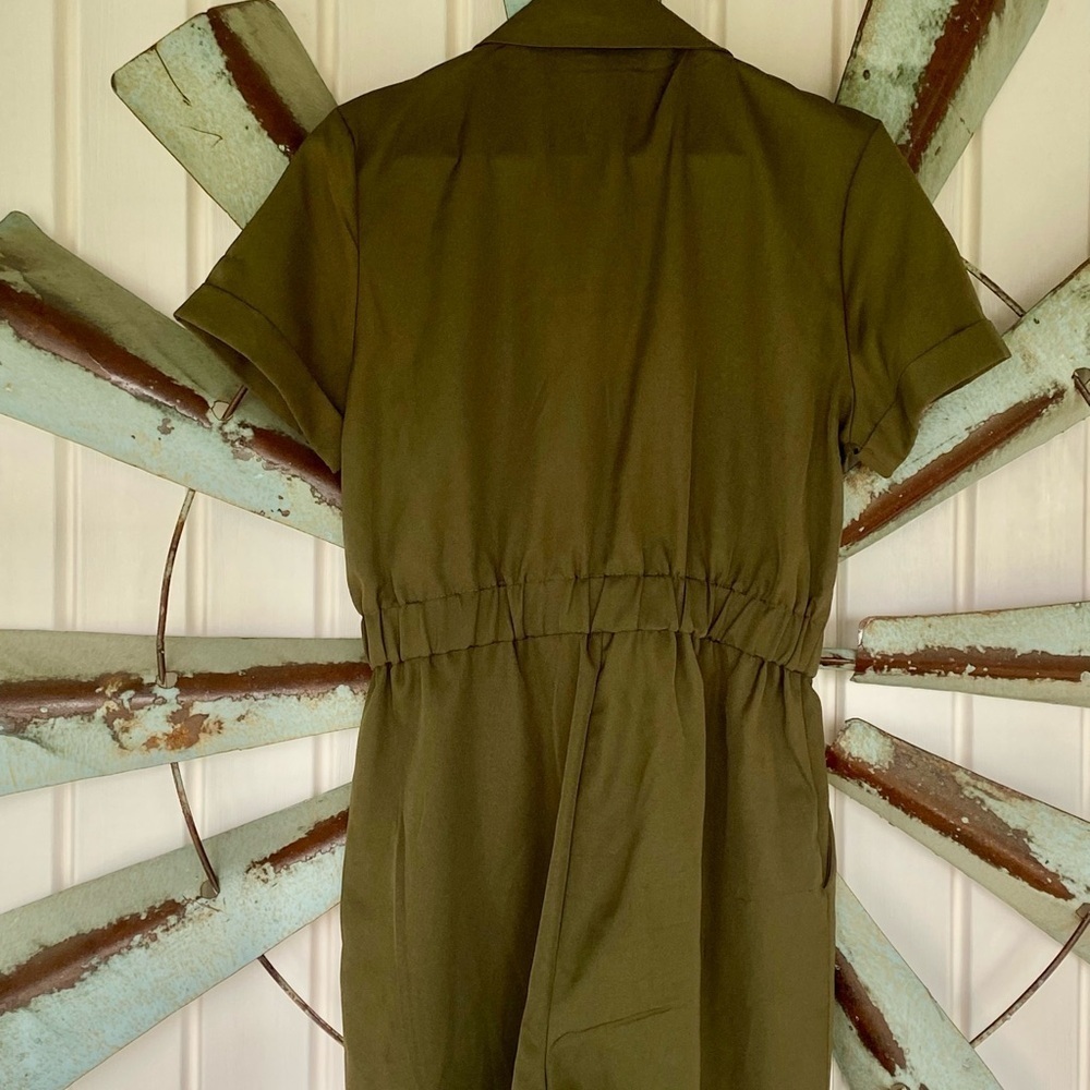 Short Sleeve Utility Jumpsuit Green Size Large Wide Leg- Eilly Bazar- Zipper - Picture 6 of 10